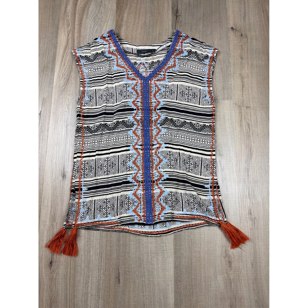THML Anthropologie Women's XS Embroidered Tassel‎ Boho V-Neck Rayon Blouse